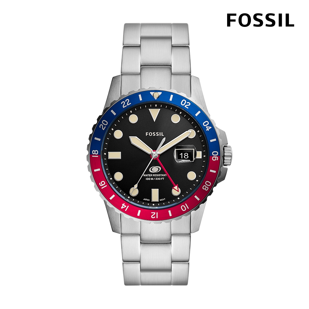 【FOSSIL】Blue 撞色搶眼潛水手錶 銀色不鏽鋼鍊帶 42MM LE1156