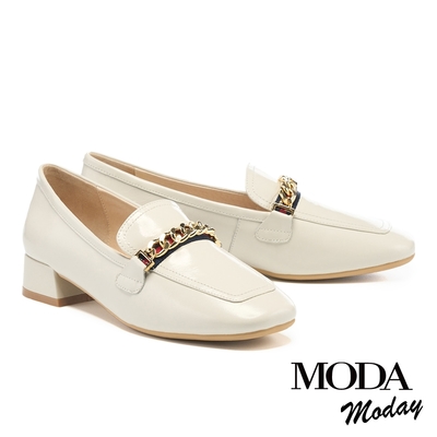 低跟鞋 MODA MODAY 韓系氣質鏈條全真皮方圓頭樂福低跟鞋－米白