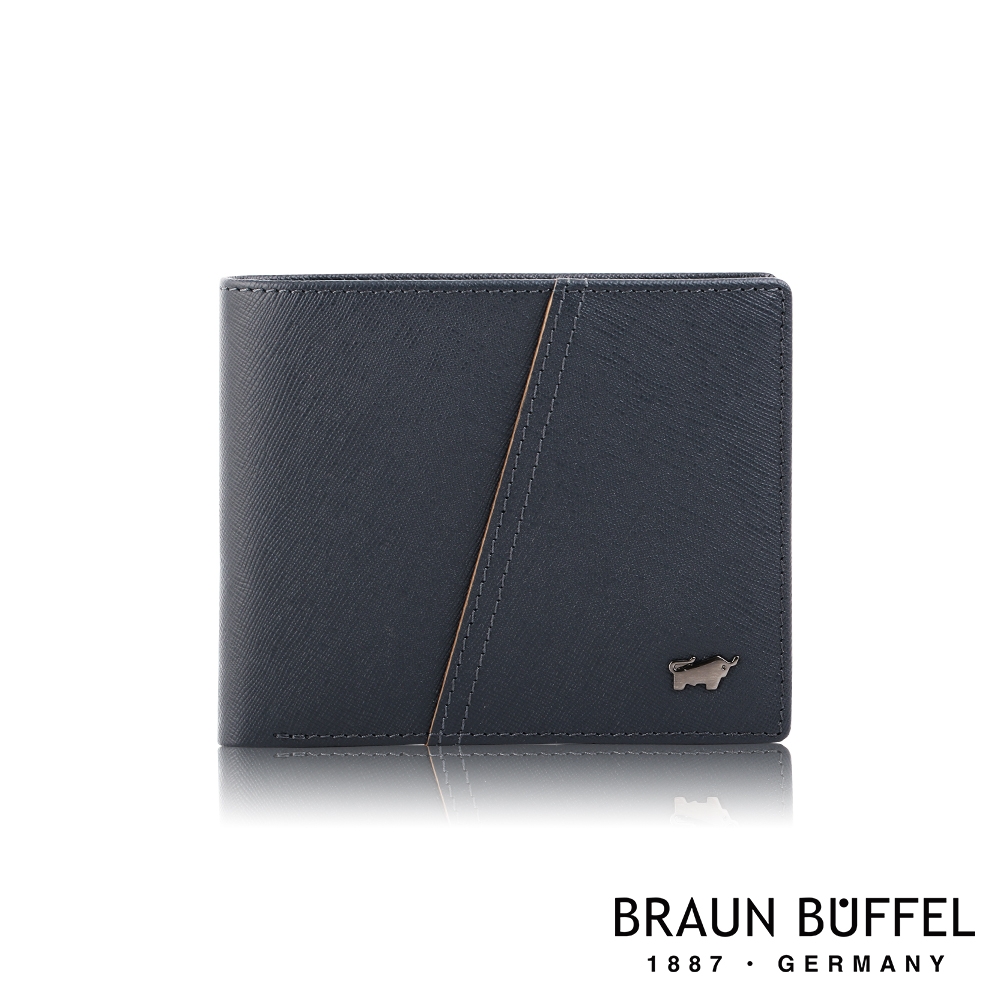 【BRAUN BUFFEL 德國小金牛】台灣總代理 艾康尼克 8卡中間翻零錢袋短夾-藍色/BF373-318-NY