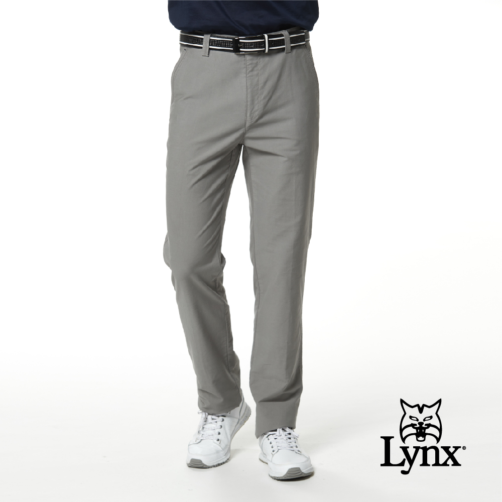 【Lynx Golf】男款彈性舒適混紡造型織帶基本款單折休閒長褲-灰色