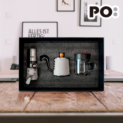 【PO:Selected】丹麥手沖咖啡三件禮盒組2.0(咖啡壺-灰/玻璃杯240ml-紅/咖啡磨2.0)