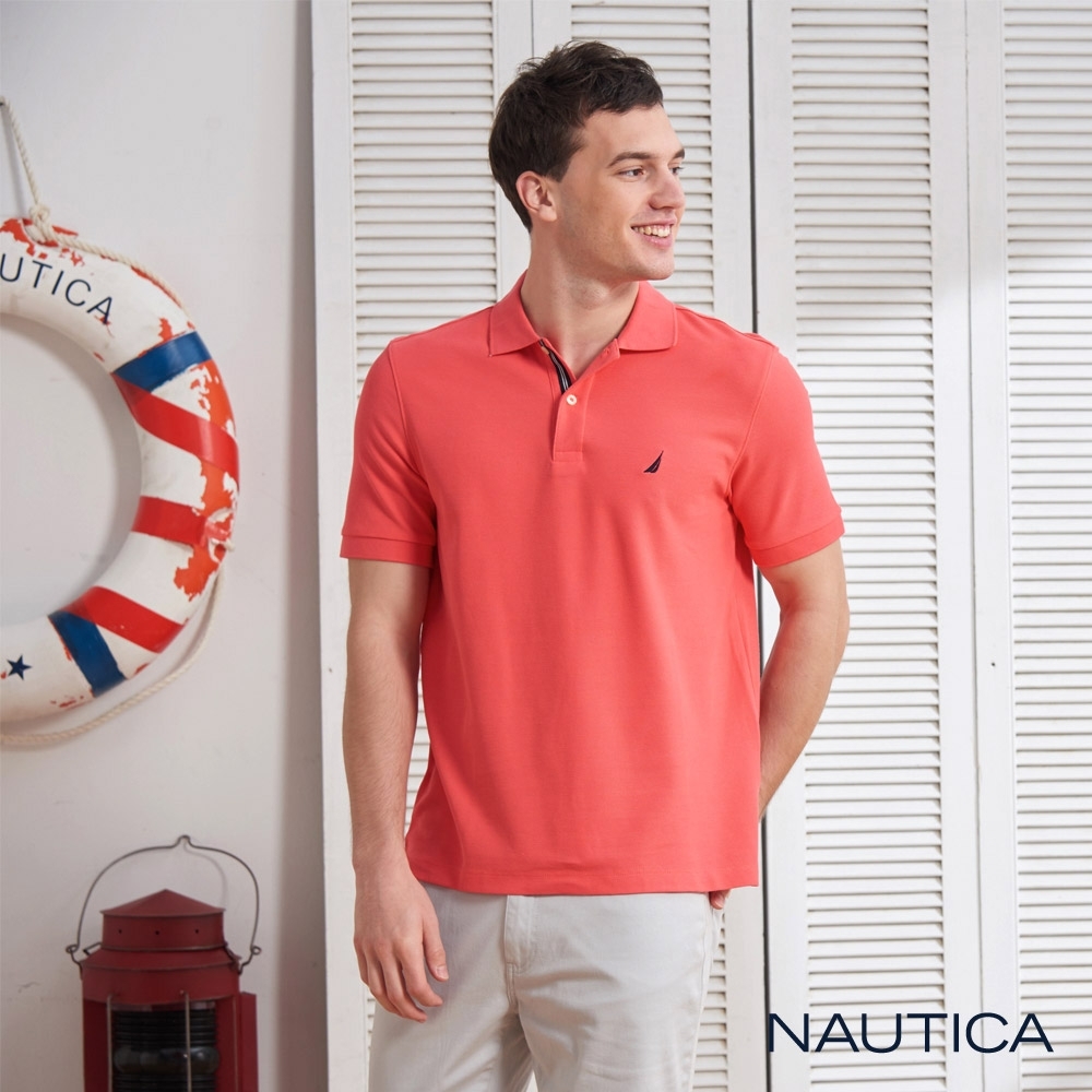Nautica經典款素色短袖POLO衫-橘紅