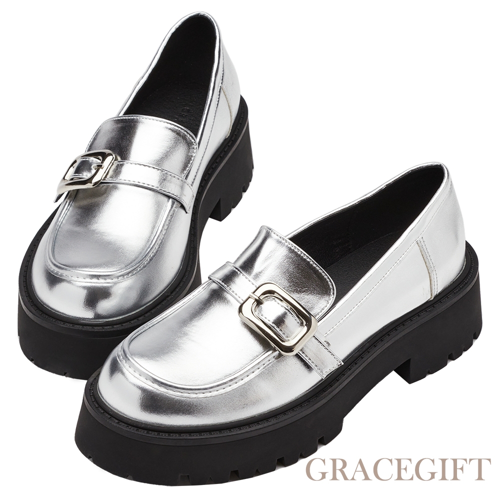 【Grace Gift】時髦方扣厚底中跟樂福鞋 銀