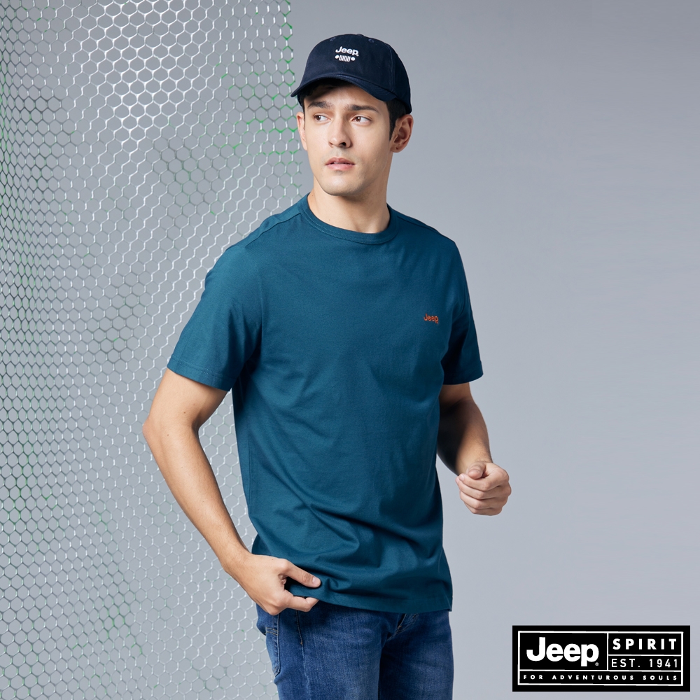 JEEP 男裝 經典素面LOGO短袖T恤-藍綠色