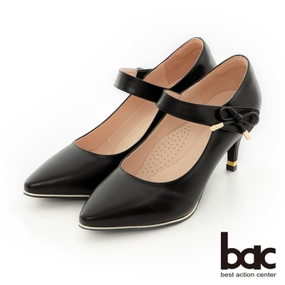 【bac】金屬邊條黏貼式蝴蝶結瑪莉珍高跟鞋-黑
