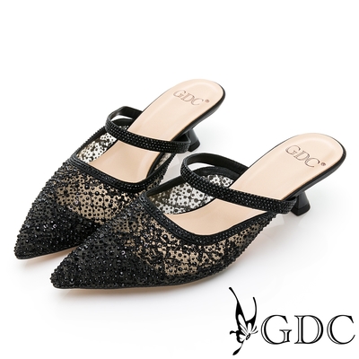 GDC-葛蕾絲水鑽透膚簍空尖頭後帶尖頭性感中跟拖鞋-黑色
