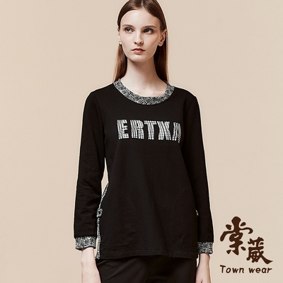 【TOWNWEAR棠葳】美式格紋印字拼接棉質上衣(女上衣/長袖/圓領/休閒/長版)