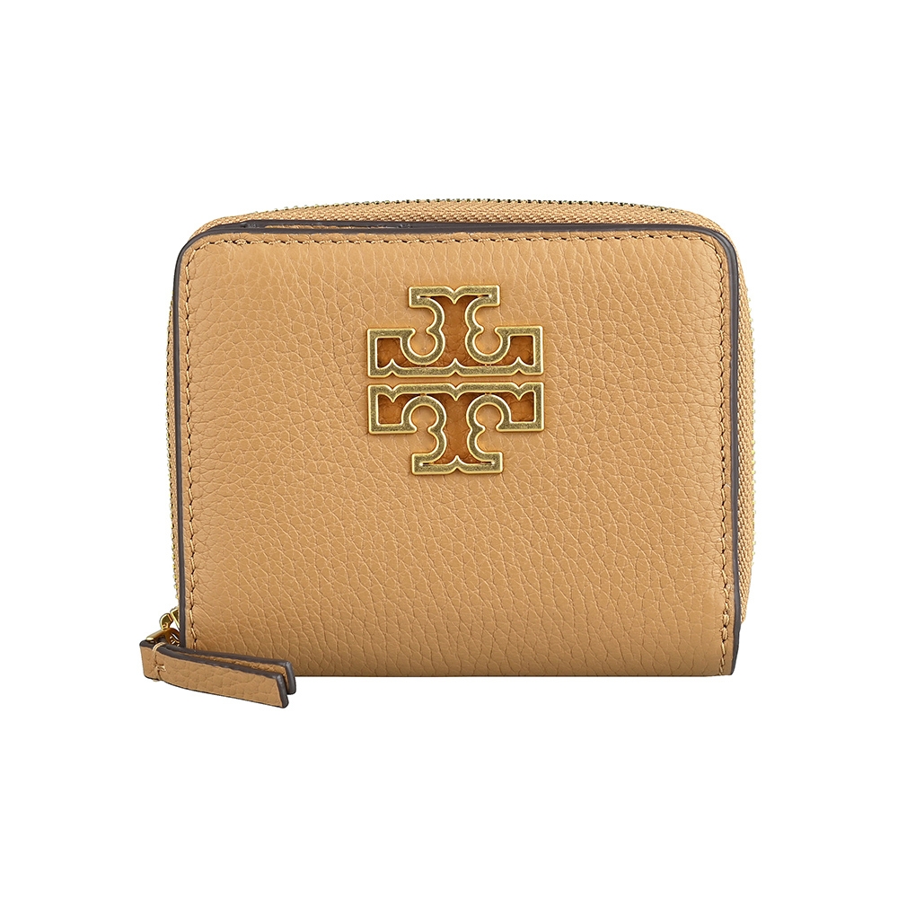 TORY BURCH Britten經典雙T金屬LOGO高級小牛皮4卡拉鍊短夾(提拉米蘇棕)