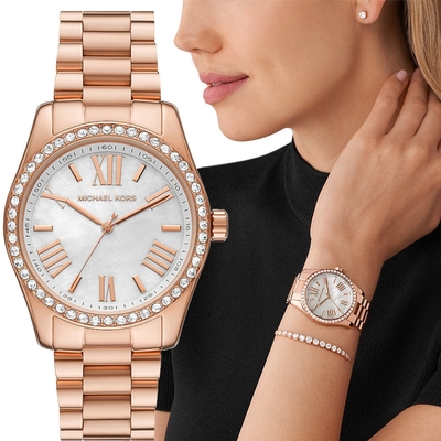 Michael Kors Lexington 優雅時尚珍珠貝晶鑽女錶 飾品禮盒 母親節禮物-38mm MK1088SET