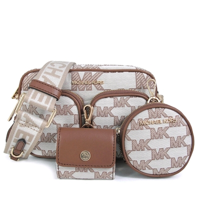 MICHAEL KORS Jet Set Item 金字滿版緹花描邊Logo三合一斜背包(馬鞍棕)