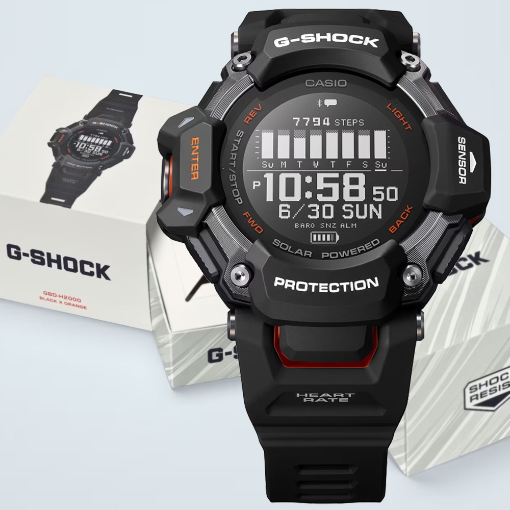 CASIO 卡西歐 G-SHOCK G-SQUAD 太陽能藍芽GPS心率監測 多功能運動錶-黑橘(GBD-H2000-1A)