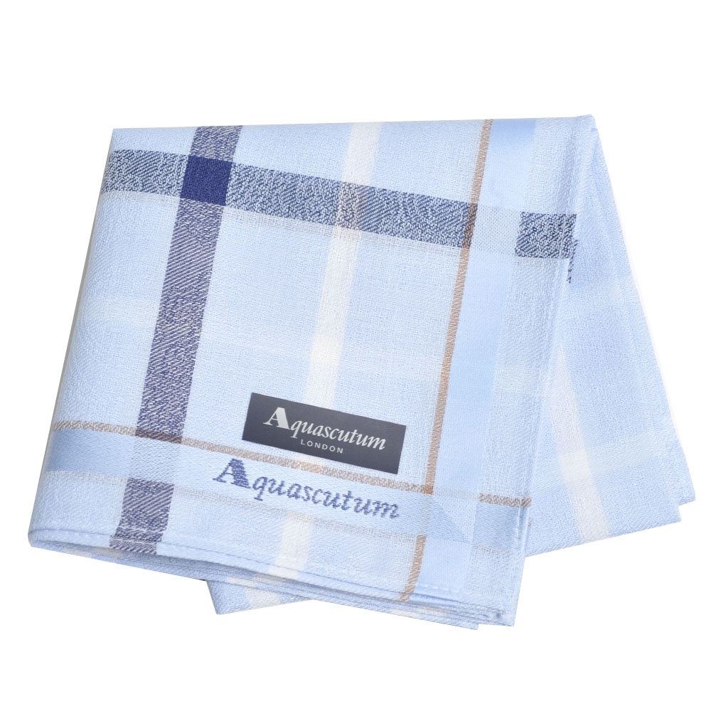 Aquascutum 經典品牌格紋字母LOGO刺繡帕領巾(天藍格)