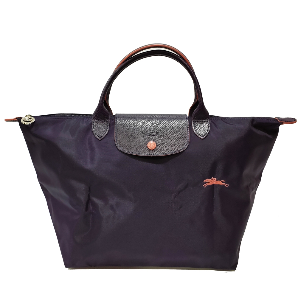 【LONGCHAMP】L1623619645 經典LE PLIAGE CLUB 短把摺疊手提刺繡水餃包 M號(深紫色)