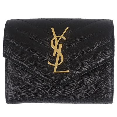 YSL MONOGRAM 黑色V型粒面壓紋牛皮金字三折短夾