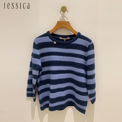 JESSICA - 休閒百搭條紋羊毛混紡七分袖針織衫224351