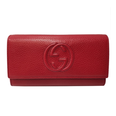 【GUCCI 古馳】598206 經典雙G SOHO系列荔枝紋牛皮扣式翻蓋長夾(紅色)