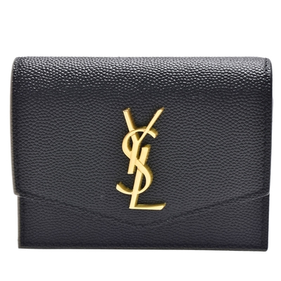 YSL 經典金色品牌LOGO粒面牛皮暗釦風琴萬用卡夾(黑)