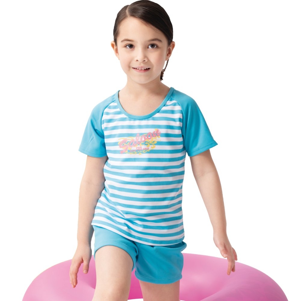 沙兒斯 泳裝 藍色橫紋防曬短袖兩件式女童泳裝