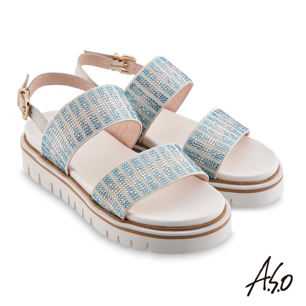 A.S.O時尚流行 夏季輕量漸層燙鑽休閒底台涼鞋-白