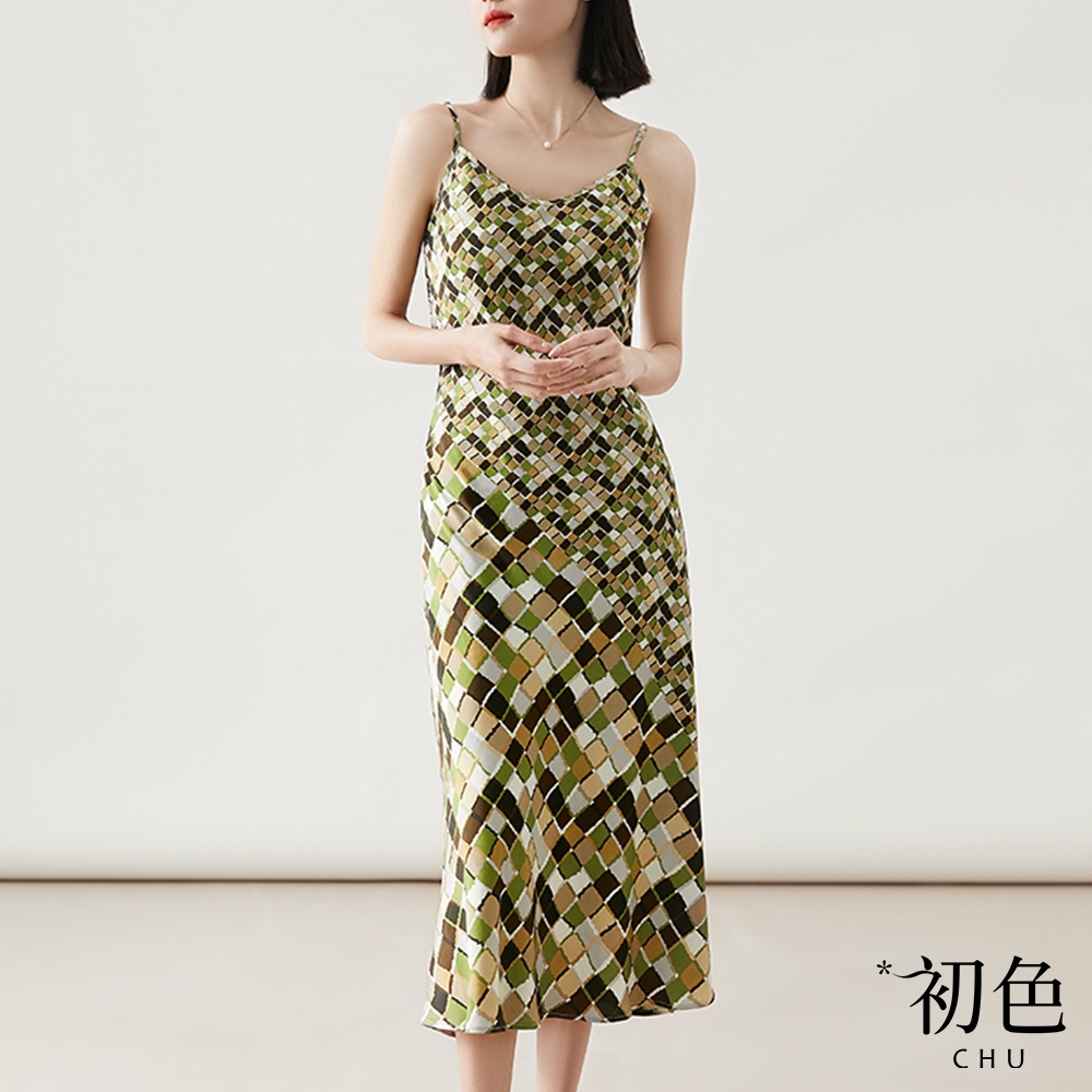 初色 菱格印花吊帶V領連衣裙無袖清涼感連身洋裝-綠色-68839(M-XL可選)