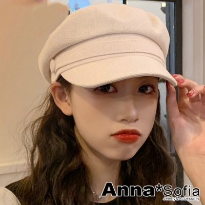 AnnaSofia 雙側圓鈕粗織棉麻質 報童帽貝蕾帽(雅白系)