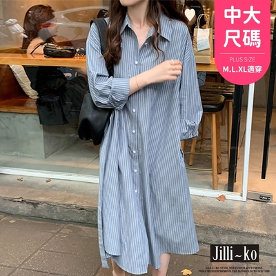 JILLI-KO 直條紋繫帶寬鬆襯衫裙中大碼洋裝連衣裙- 藍色