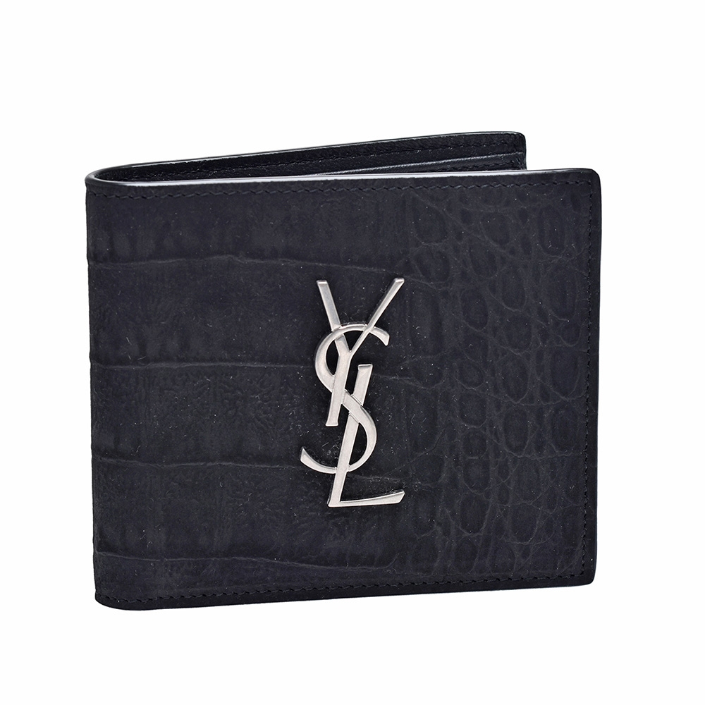 YSL 經典鱷魚壓紋牛皮銀色金屬LOGO對摺短夾(黑)