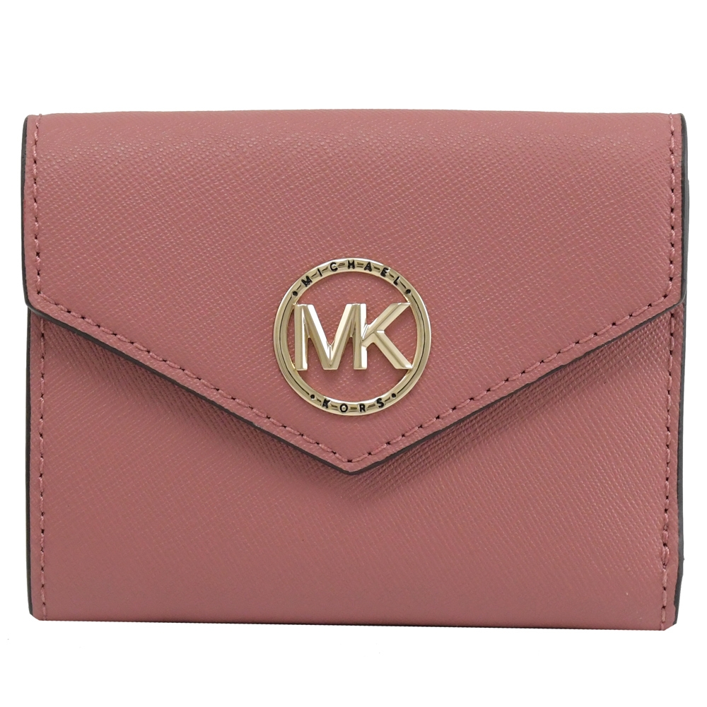 MICHAEL KORS Greenwich 金屬MK LOGO防刮釦式三折短夾(玫粉)