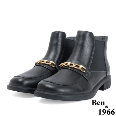 Ben&1966高級頭層牛皮流行鍊條短靴-黑(217091)