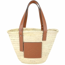 LOEWE Basket 中型 棕櫚葉拼小牛皮編織包 托特包 草編包(棕褐色)