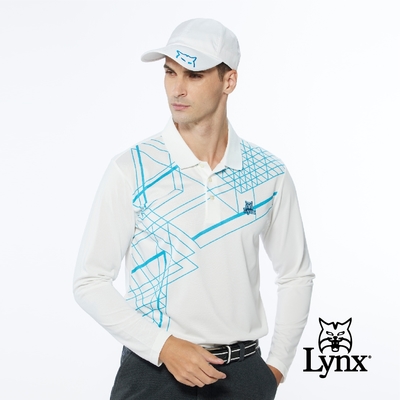 【Lynx Golf】男款吸濕排汗網眼材質線條設計山貓繡花長袖POLO衫-白色