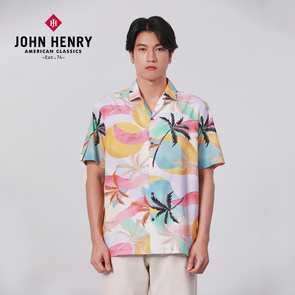 JOHN HENRY 古巴領幻彩度假襯衫-粉色