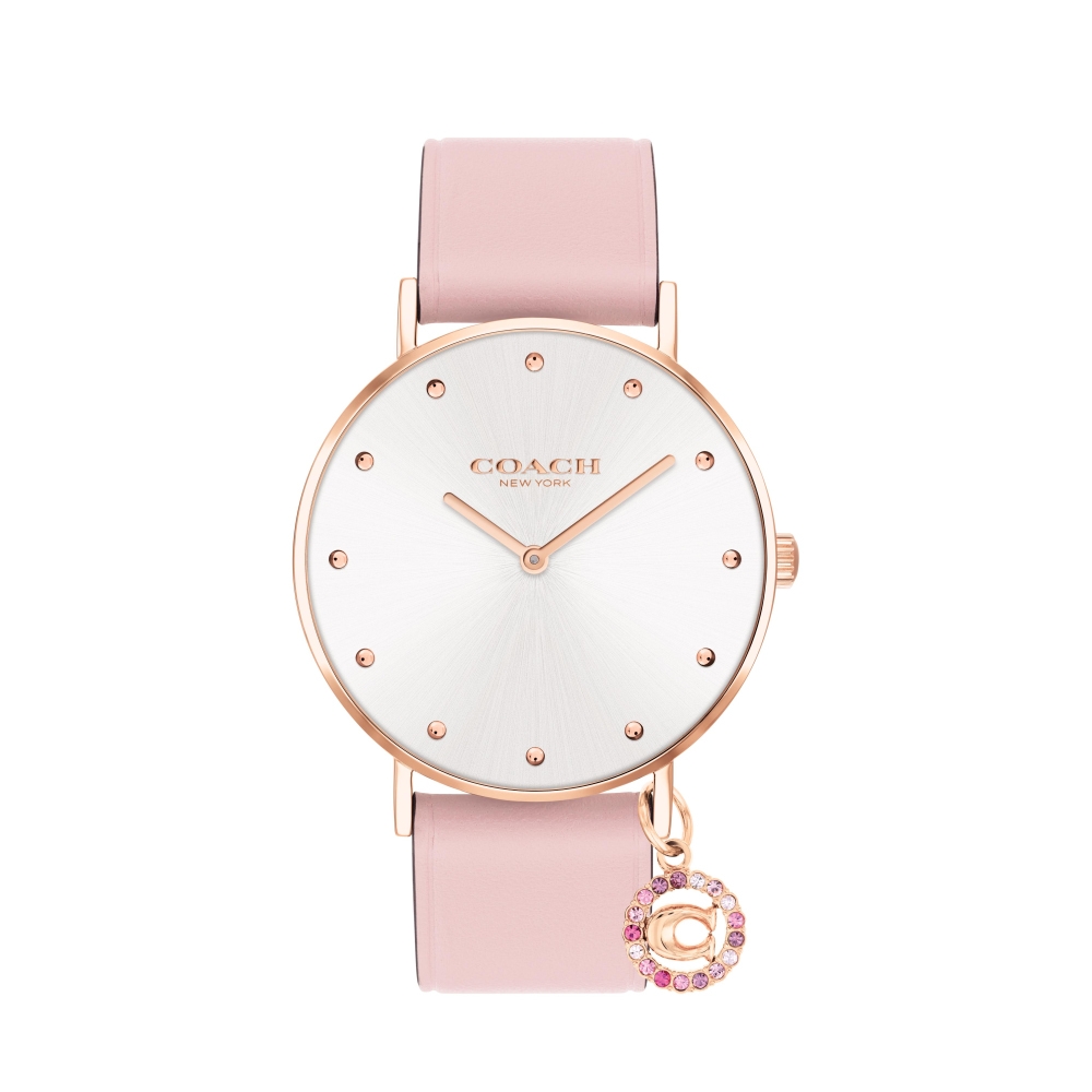 COACH 水晶小吊飾粉色皮帶腕錶36mm(14503884)