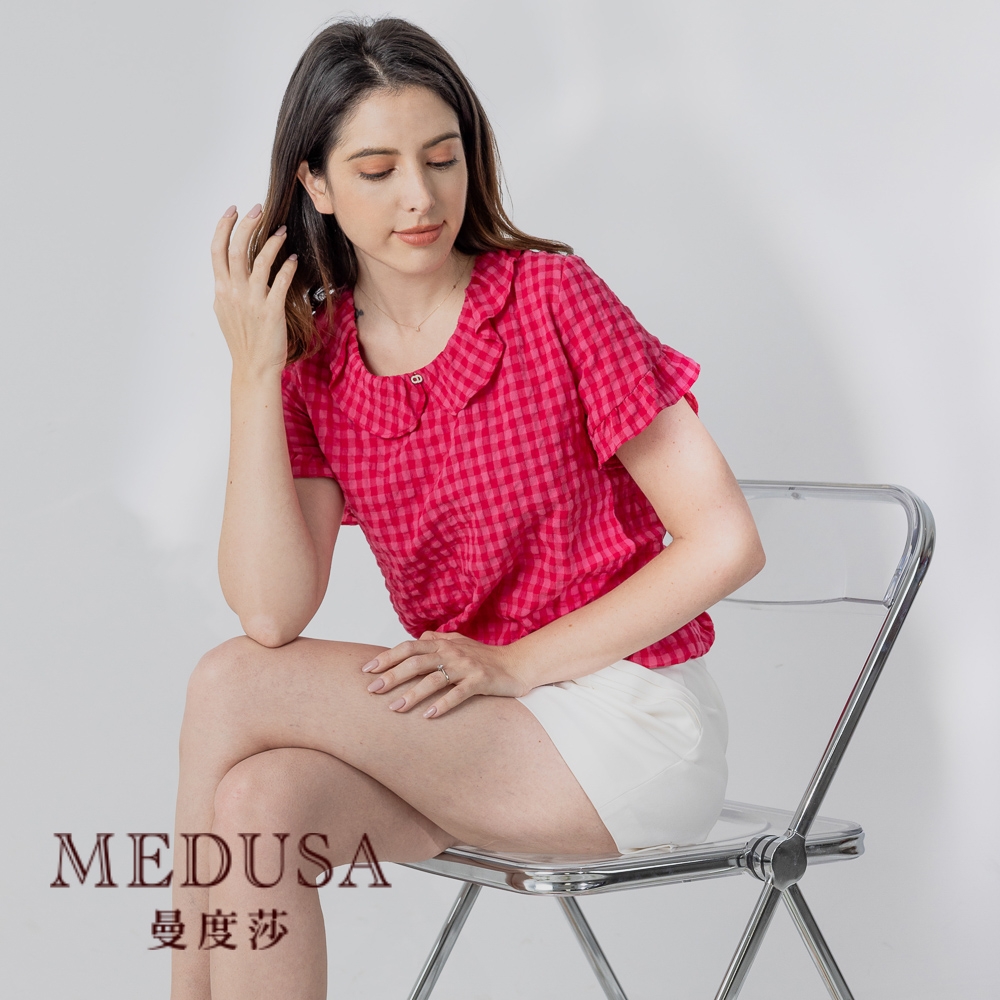 現貨【MEDUSA 曼度莎】甜美小荷葉格紋上衣（M-XL）｜女上衣 女短袖上衣 女短版上衣