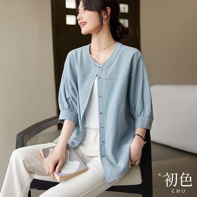 初色 純色寬鬆輕薄立領排釦五分袖短袖外套襯衫上衣女上衣-藍色-33463(M-2XL可選)