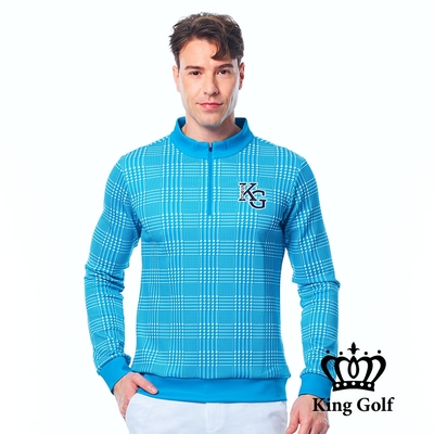 【KING GOLF】男款中厚款小立領滿版千鳥格圖形長袖POLO衫/高爾夫球衫-湖水綠