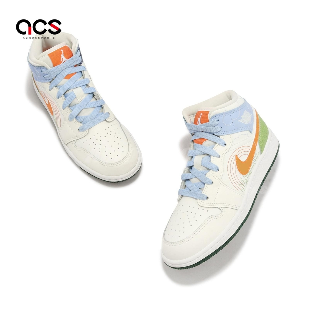 Nike 休閒鞋Air Jordan 1 Mid SE GS 大童鞋女鞋白藍橘草地高筒AJ1