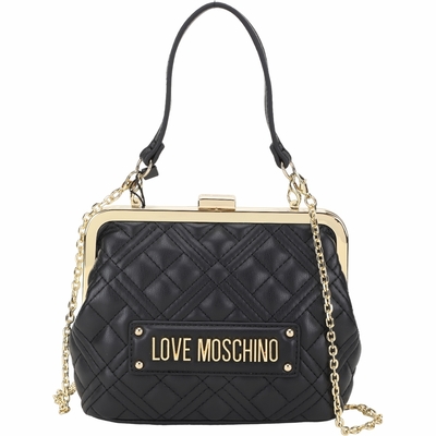 LOVE MOSCHINO 小款 金屬字母絎縫皮手提/斜背口金包(黑色)