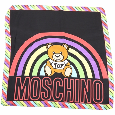 MOSCHINO 彩虹泰迪熊字母印花黑底真絲方巾 領巾(50x50)