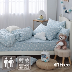 IN-HOUSE-白熊森林-100%純棉雙層紗薄被套床包組(藍-雙人)