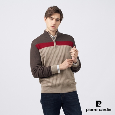 Pierre Cardin皮爾卡登 男款 混紡羊毛半高領定位條拉鍊毛衣-深卡其色(5235475-85)