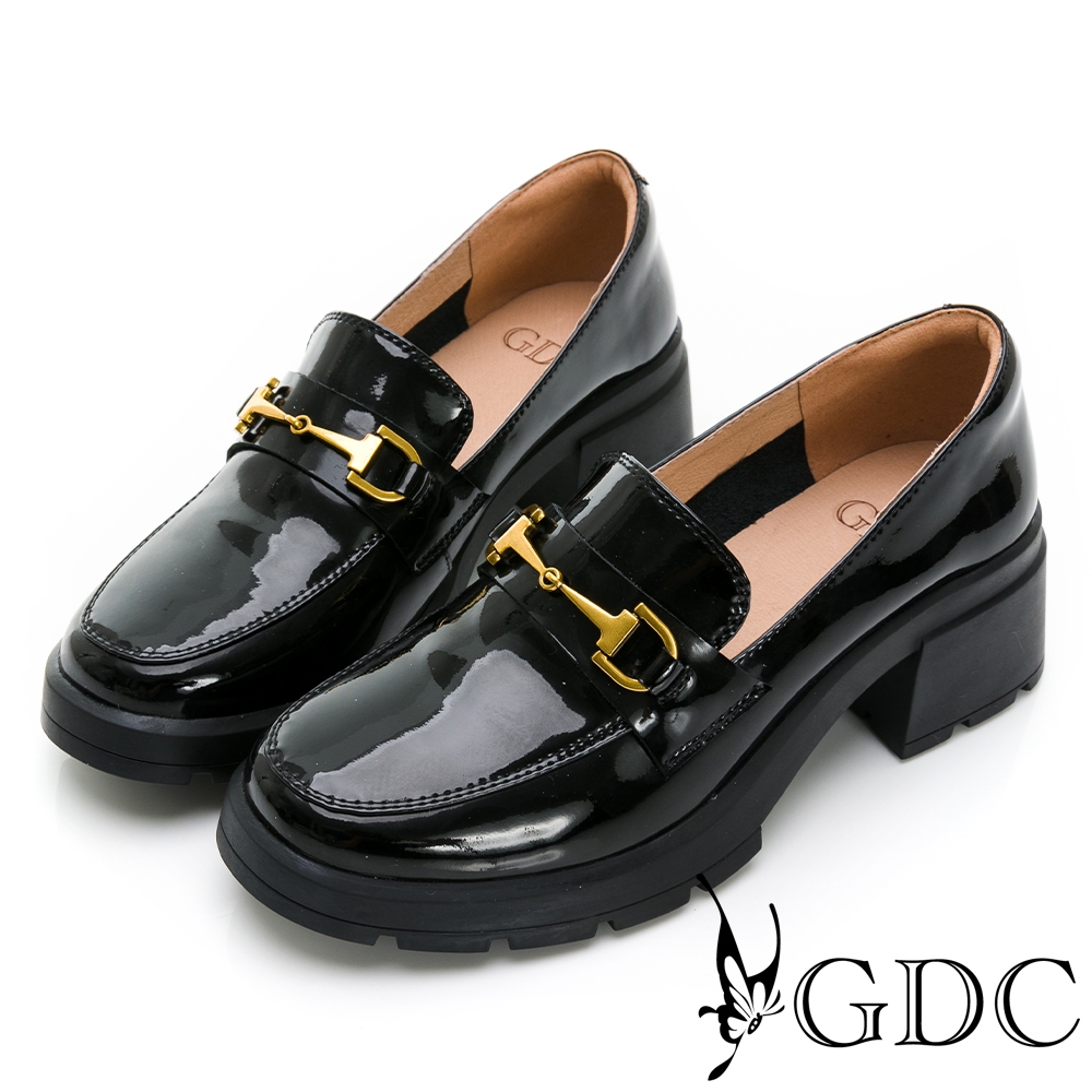 GDC-英倫簡約酷甜真皮圓頭粗跟樂福鞋-黑色