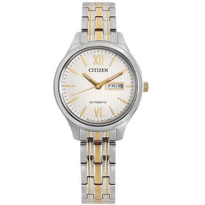 CITIZEN / 條紋錶盤 機械錶 星期日期 不鏽鋼手錶(PD7134-51A)-白x鍍金/29mm