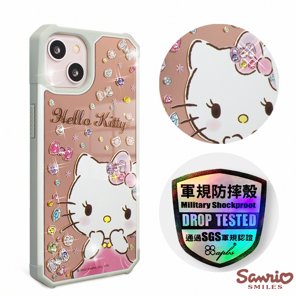 三麗鷗 Kitty iPhone 13 6.1吋軍規防摔鏡面水晶彩鑽手機殼-寶石凱蒂