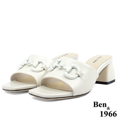 Ben&1966高級頭層羊皮流行粗低跟拖鞋-米白(226043)