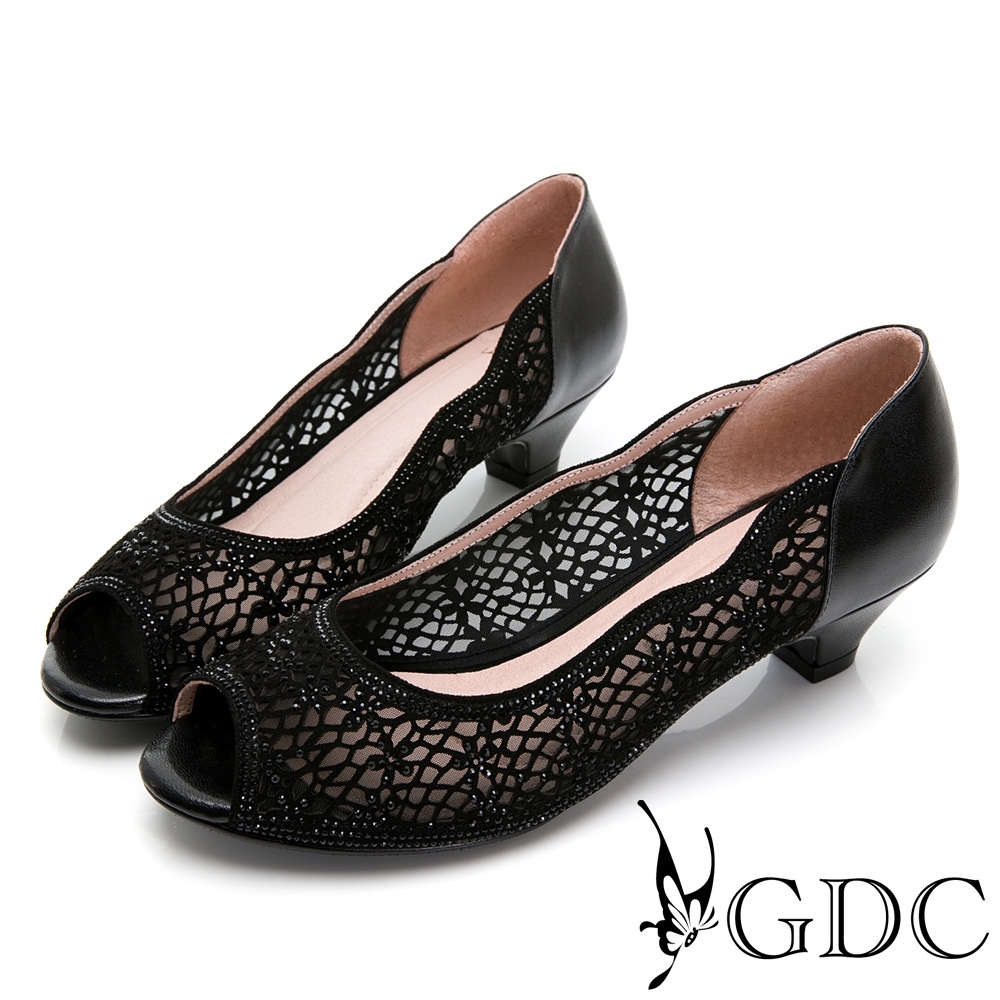 GDC-真皮魚口簍空水鑽低跟鞋-黑色