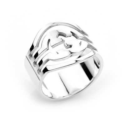 二手品 GUCCI 古馳 Interlocking 鏤空線條雙G 925純銀超寬版戒指