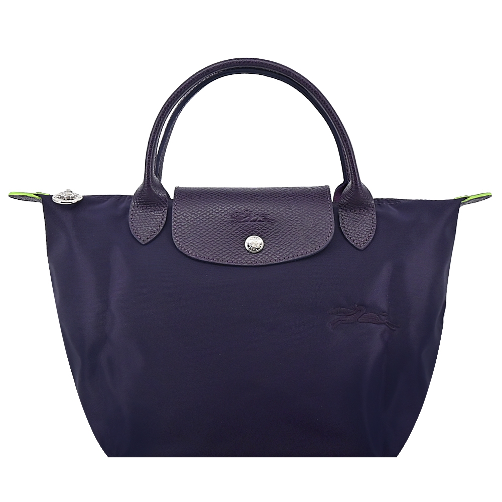 LONGCHAMP LE PLIAGE GREEN系列刺繡短把再生尼龍摺疊水餃包(小/藍莓)