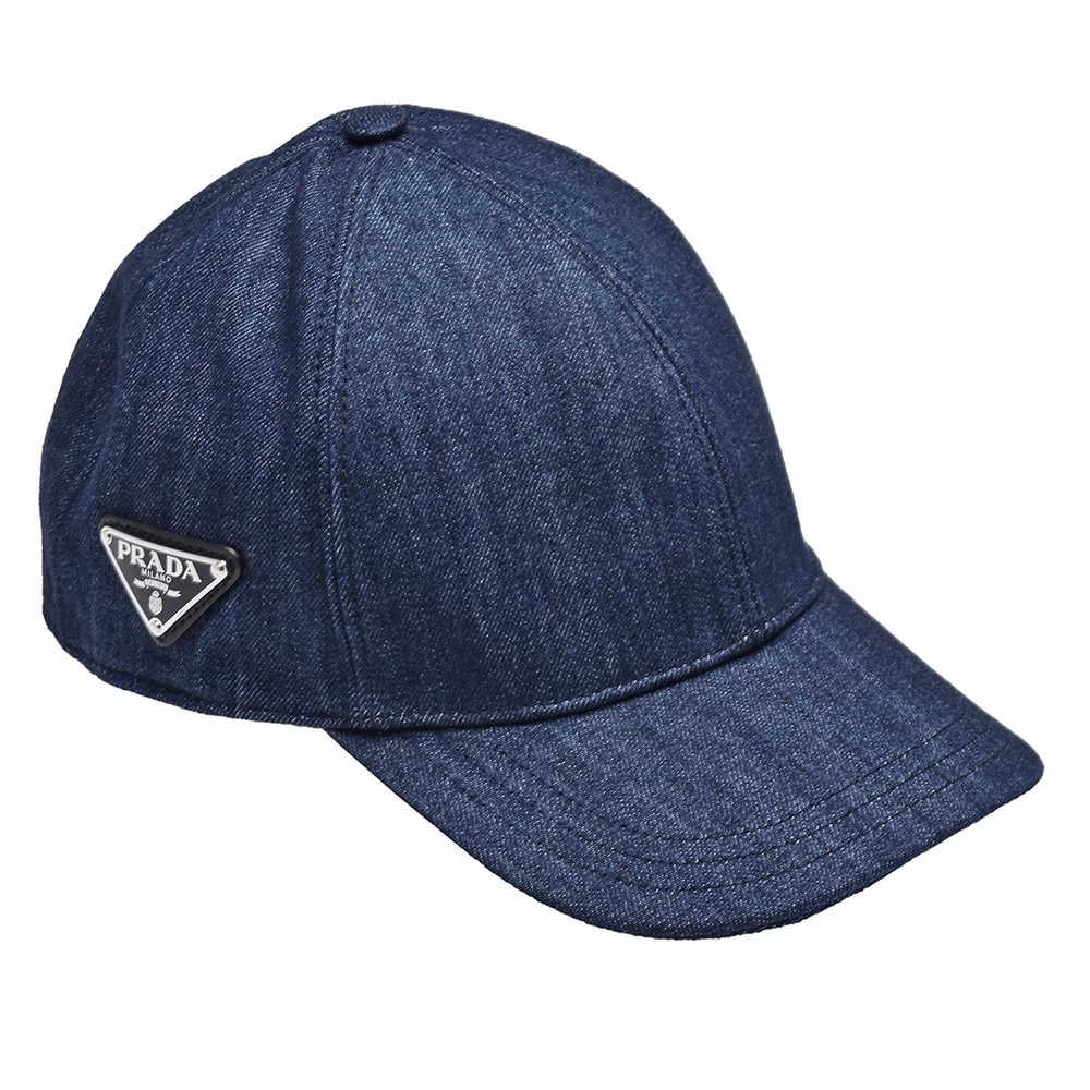 PRADA 經典側邊品牌LOGO牛仔棒球帽(藍)