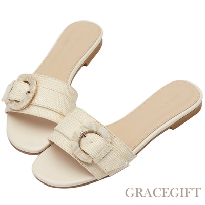 【Grace Gift】一字草編圓釦平底拖鞋  米白